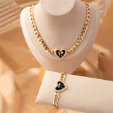 Golden Casual Party Club Heart Shaped Bow Pendant Chains Necklaces and Bracelet Two-piece Set