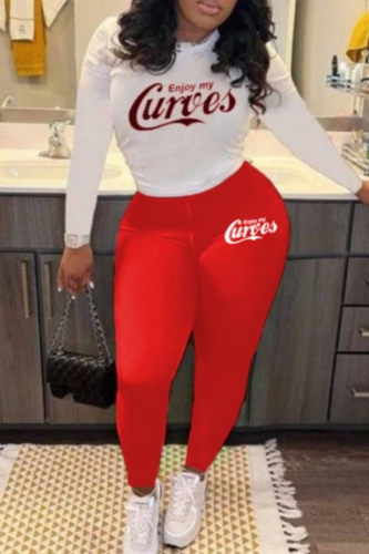 White Red Skinny Casual Letter Print Round Neck Long Sleeve T-shirt and Pencil Pants Two Pieces Matching Sets