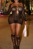 Black Party Club Sexy Cut Out See-Through Strapless Long Sleeve Tops and Tube Dresses Two Pieces Matching Sets