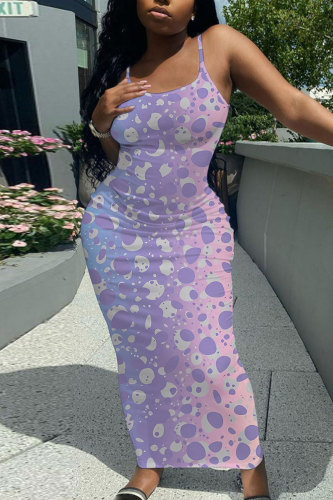 Purple Pink Graphic Print Sleeveless Backless Spaghetti Strap Casual Wear Bodycon Maxi Slip Dress