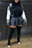 Black Casual Plaid Print Striped Hem Contrast Button up Long Sleeve Cardigan Outerwear Fall Winter Short Jackets