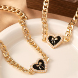 Golden Casual Party Club Heart Shaped Bow Pendant Chains Necklaces and Bracelet Two-piece Set