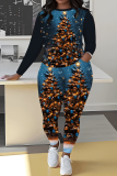 Red Black Christmas Casual Print Round Neck Long Sleeve Sweatshirt and Pencil Pants Two Pieces Sets