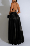 Black Glossy Halter Maxi Dress Formal Sleeveless Halter Neck with Keyhole Cutout High Slit Shiny Party Evening Gown