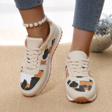 Brown Casual PU Leather leopard Strap Design Closed Sport Shoes Sneakers