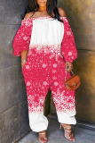 Red Black Christmas Contrast Casual Print Off Shoulder Long Lantern Sleeve Loose Jumpsuits