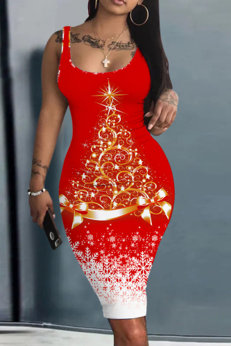 Green Christmas Outfits Sleeveless U Neck Knee Length Bodycon Vest Midi Dress