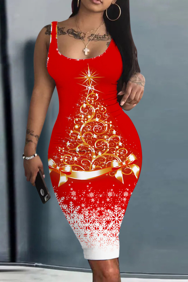 Green Christmas Outfits Sleeveless U Neck Knee Length Bodycon Vest Midi Dress