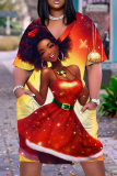 Red Christmas Loose T Shirt Dress V Neck Short Sleeve Casual Outing Straight Midi Dress