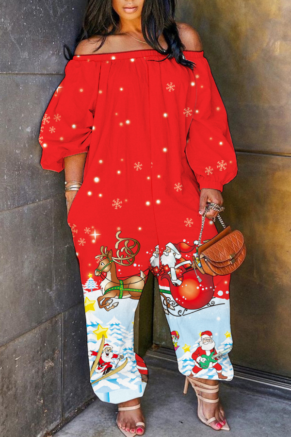 Red Black Christmas Contrast Casual Print Off Shoulder Long Lantern Sleeve Loose Jumpsuits