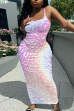 Purple Pink Graphic Print Sleeveless Backless Spaghetti Strap Casual Wear Bodycon Maxi Slip Dress