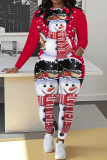 Red Black Christmas Casual Print Round Neck Long Sleeve Sweatshirt and Pencil Pants Two Pieces Sets