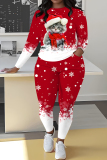 Red Black Christmas Casual Print Round Neck Long Sleeve Sweatshirt and Pencil Pants Two Pieces Sets