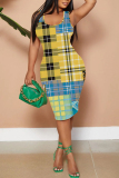White Blue Graphic Print Sleeveless U Neck Casual Outing Bodycon Pencil Tank Midi Dress
