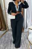 Black Casual Patchwork Contrast Hooded Turndown Collar Long Sleeve Jacket and Wide Leg Pants Two Pieces Sets