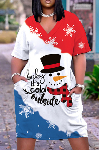 Red Christmas Loose T Shirt Dress V Neck Short Sleeve Casual Outing Straight Midi Dress
