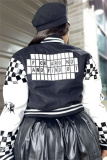 Black Casual Plaid Print Striped Hem Contrast Button up Long Sleeve Cardigan Outerwear Fall Winter Short Jackets