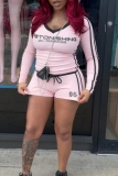 Red Casual Sportwear Letter Stripe Print V Neck Long Sleeve T-shirts and Drawstring Shorts Two Pieces Matching Sets