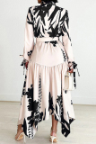 Elegant Print Patchwork With Belt Turndown Collar Irregular Dresses