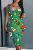 Green Christmas Outfits Sleeveless U Neck Knee Length Bodycon Vest Midi Dress