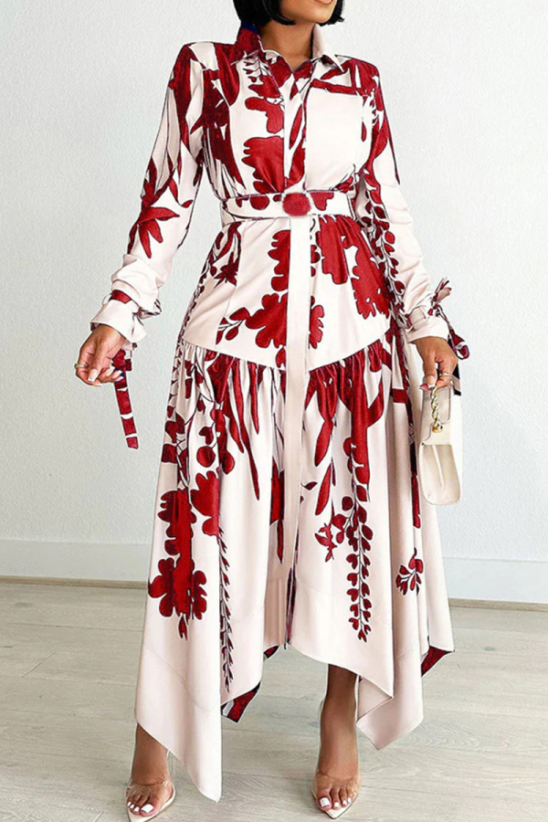 Elegant Print Patchwork With Belt Turndown Collar Irregular Dresses