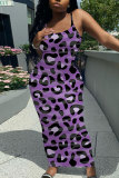 Purple Pink Graphic Print Sleeveless Backless Spaghetti Strap Casual Wear Bodycon Maxi Slip Dress