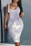 Purple Grey Butterfly Print Sleeveless U Neck Knee Length Casual Outing Fitted Vest Midi Dress