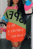 Green Letter Print Long Sleeve Casual Outing Fall Winter Hooded Knit Mini Sweatshirt Dress
