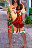 Red Christmas Loose T Shirt Dress V Neck Short Sleeve Casual Outing Straight Midi Dress