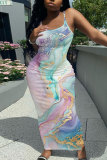 Purple Pink Graphic Print Sleeveless Backless Spaghetti Strap Casual Wear Bodycon Maxi Slip Dress