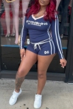 Red Casual Sportwear Letter Stripe Print V Neck Long Sleeve T-shirts and Drawstring Shorts Two Pieces Matching Sets