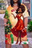 Red Christmas Loose T Shirt Dress V Neck Short Sleeve Casual Outing Straight Midi Dress