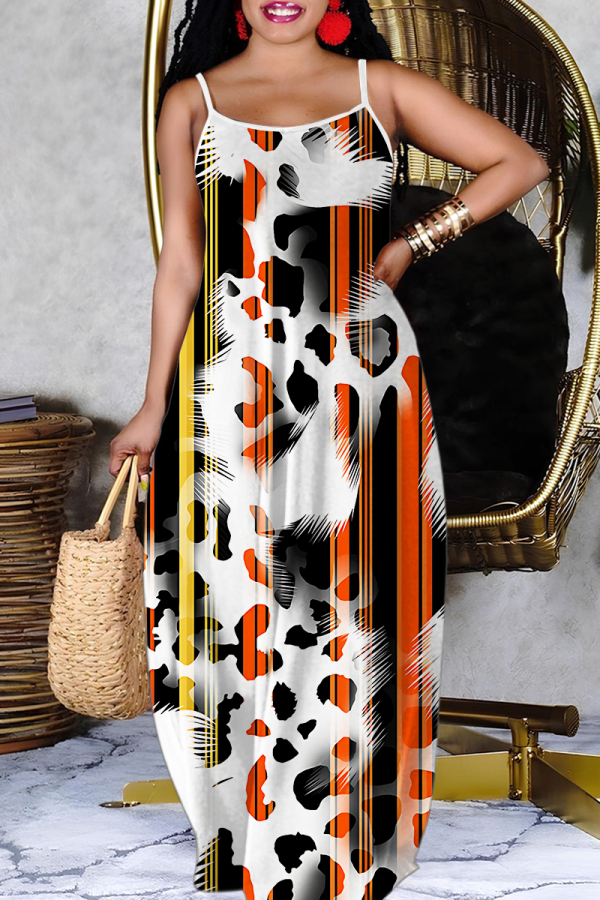 Grey Graphic Print Sleeveless Backless Spaghetti Strap Casual Outing Straight Loose Maxi Dress