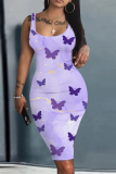 Purple Grey Butterfly Print Sleeveless U Neck Knee Length Casual Outing Fitted Vest Midi Dress