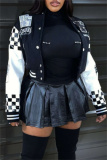Black Casual Plaid Print Striped Hem Contrast Button up Long Sleeve Cardigan Outerwear Fall Winter Short Jackets