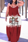 Red White Graphic Print Sleeveless Backless Spaghetti Strap Floor Length Casual Outing Straight Loose Maxi Slip Dress