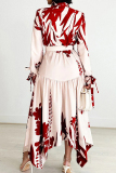 Elegant Print Patchwork With Belt Turndown Collar Irregular Dresses