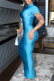 Black Half A Turtleneck Short Sleeve Floor Length Casual Outing Bodycon Shinny Maxi Dress