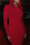 Blue Long Sleeve Floor Length Casual Outing Mermaid Hem Bodycon Hooded Cotton Maxi Dress