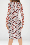 Purple Geometric Print V Neck Long Sleeve Ankle Length Causal Outing Bodycon Midi Dress