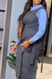 Blue Shirt Collar Long Sleeve Layered Faux Wrap Dark Gray Business Wear Shirt Midi Dress