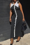 Black Large Lapel Collar Sleeveless Backless Front Botton Decor Casual Outing Office Straight Loose Fit Maxi Dress