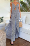 Grey Vacation Stripe Slit V Neck Sleeveless Caimi Long Tops and Straight Leg Pants Two Pieces Sets