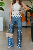 Blue Vacation Casual Plaid Lace Up Contrast Halter Sleeveless Tops and Straight Leg Pants Two Pieces Sets