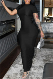 Black Half A Turtleneck Short Sleeve Floor Length Casual Outing Bodycon Shinny Maxi Dress