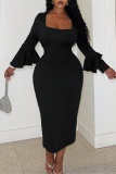 Black Flare Sleeve with Ruffled Decor Square Neck Formal Party Bodycon Midi Dress