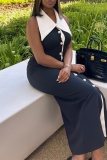 Black Large Lapel Collar Sleeveless Backless Front Botton Decor Casual Outing Office Straight Loose Fit Maxi Dress