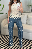 Blue Vacation Casual Plaid Lace Up Contrast Halter Sleeveless Tops and Straight Leg Pants Two Pieces Sets