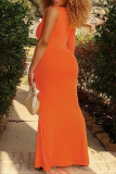 Orange Plunge Neck Single Long Sleeve Bodycon Nightclub Maxi Dress Formal Party Evening Gown