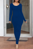 White O Neck Long Sleeve One Step Skirt Causal Outing Bodycon Cotton Maxi Dress